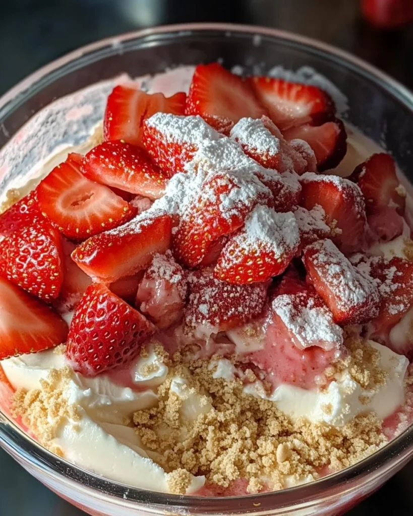 Delicious Strawberry Cheesecake Trifle layered with fresh strawberries and creamy cheesecake.