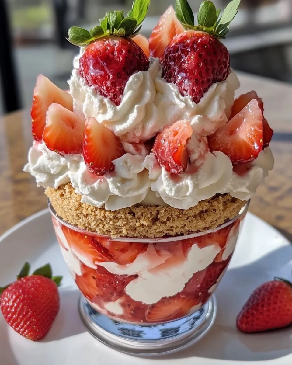 Delicious Strawberry Cream Delight dessert topped with fresh strawberries
