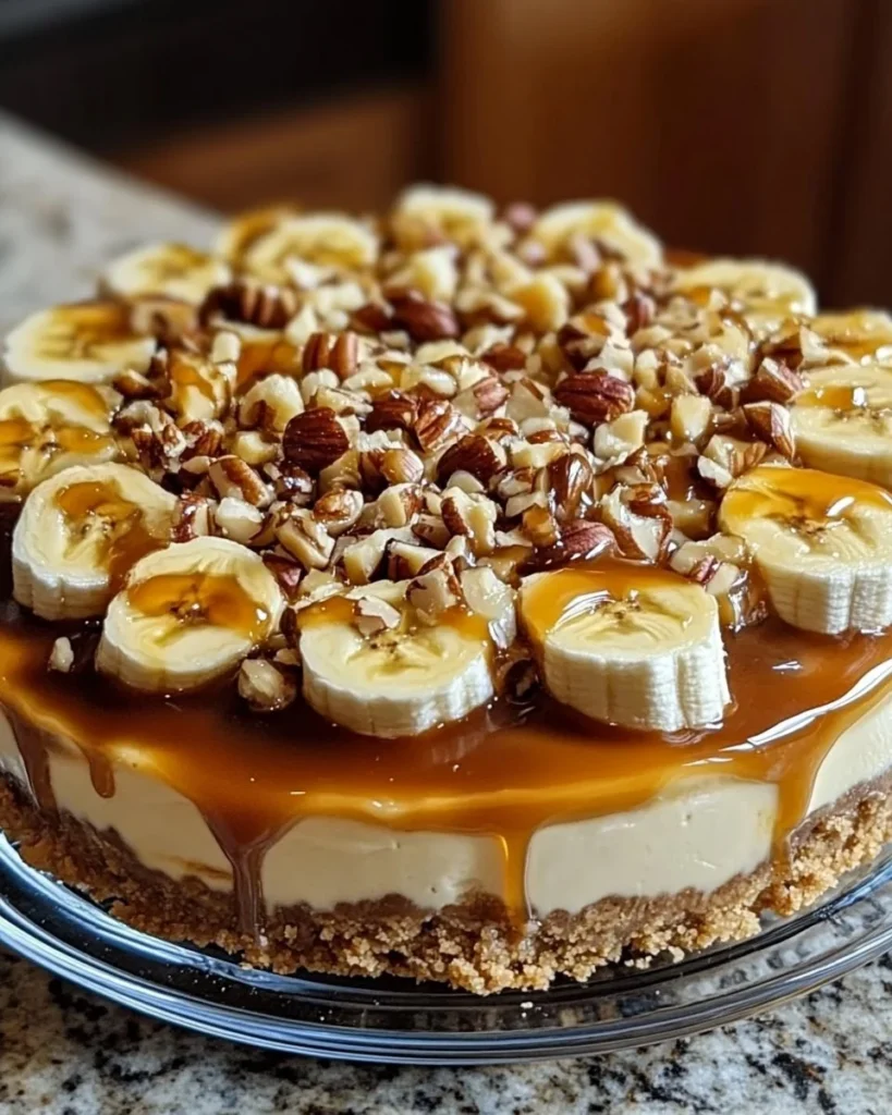 Delicious Banana Caramel Nut dessert topped with caramel and nuts.