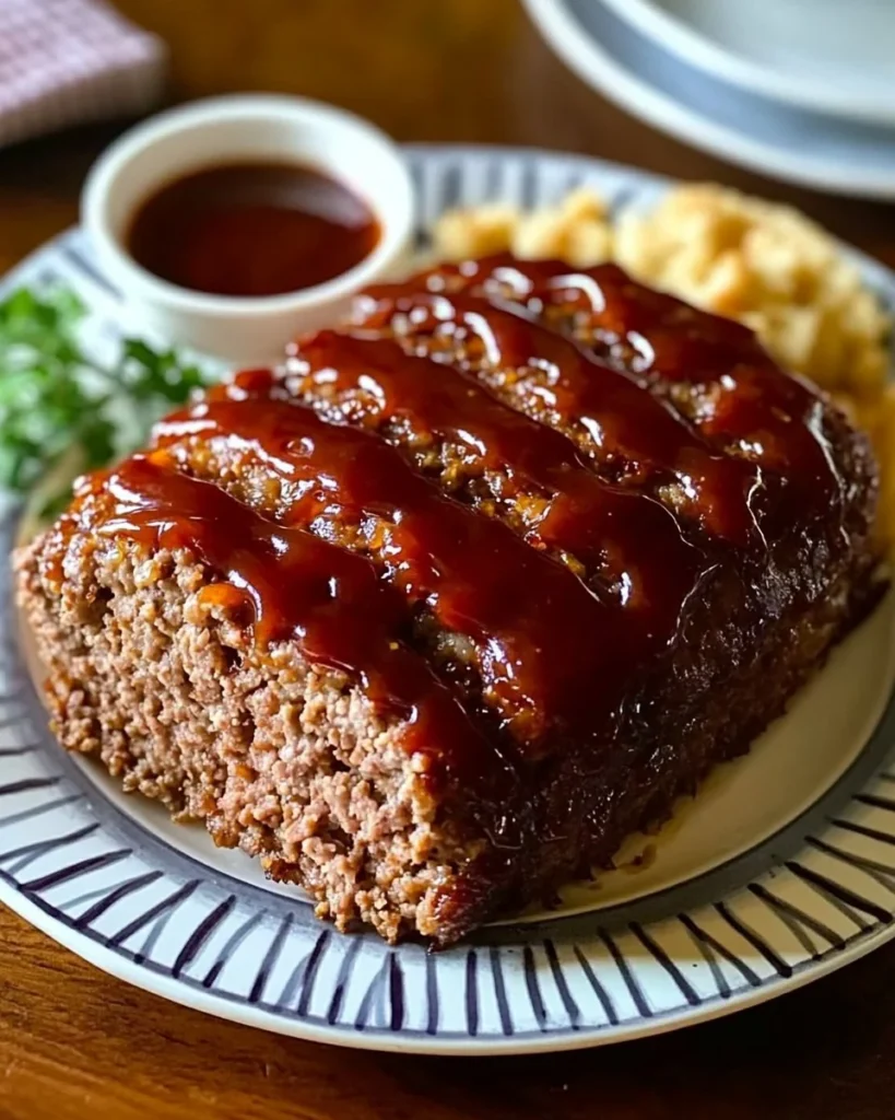 Delicious homemade meatloaf recipe served with mashed potatoes and green beans.