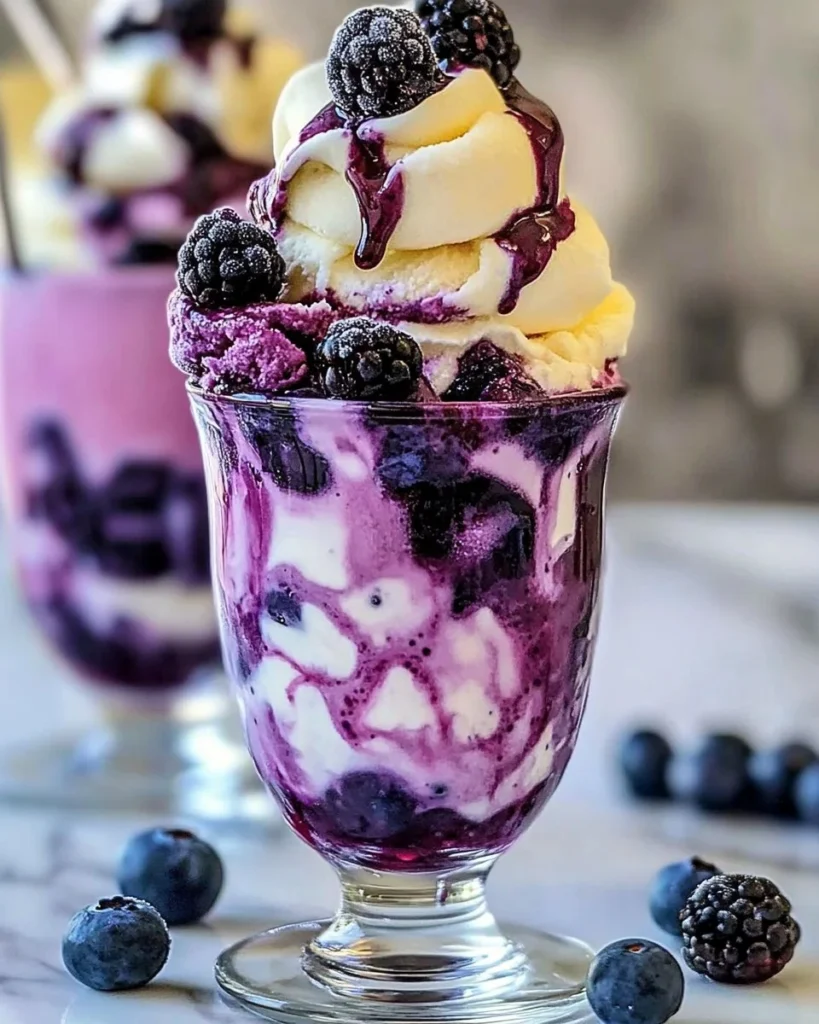 Blueberry and vanilla swirl ice cream parfait in a clear glass dish