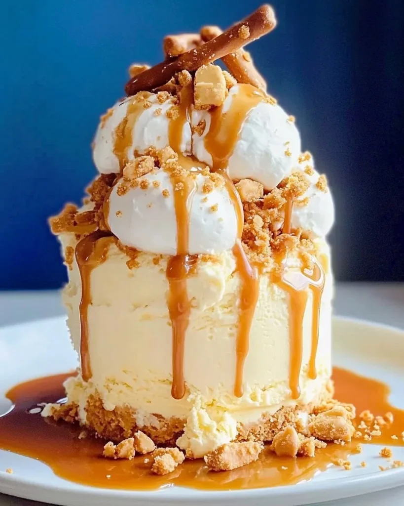 Delicious caramel cheesecake ice cream dessert with creamy layers and caramel swirls.