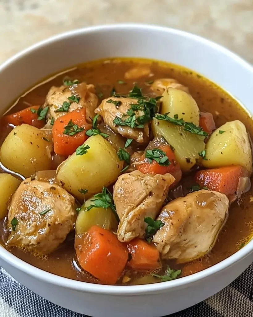 Bowl of hearty chicken stew with vegetables and herbs