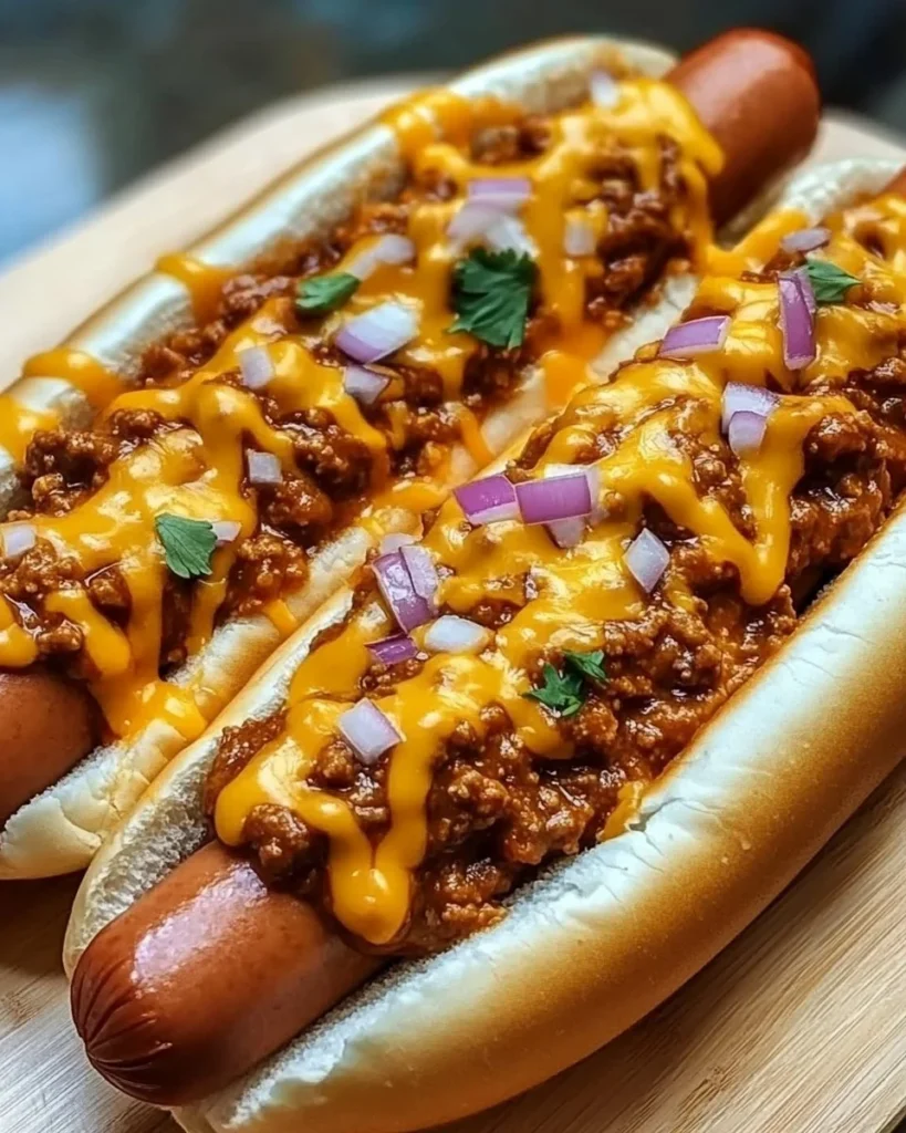 Delicious Chili Cheese Dogs topped with savory chili and melted cheese