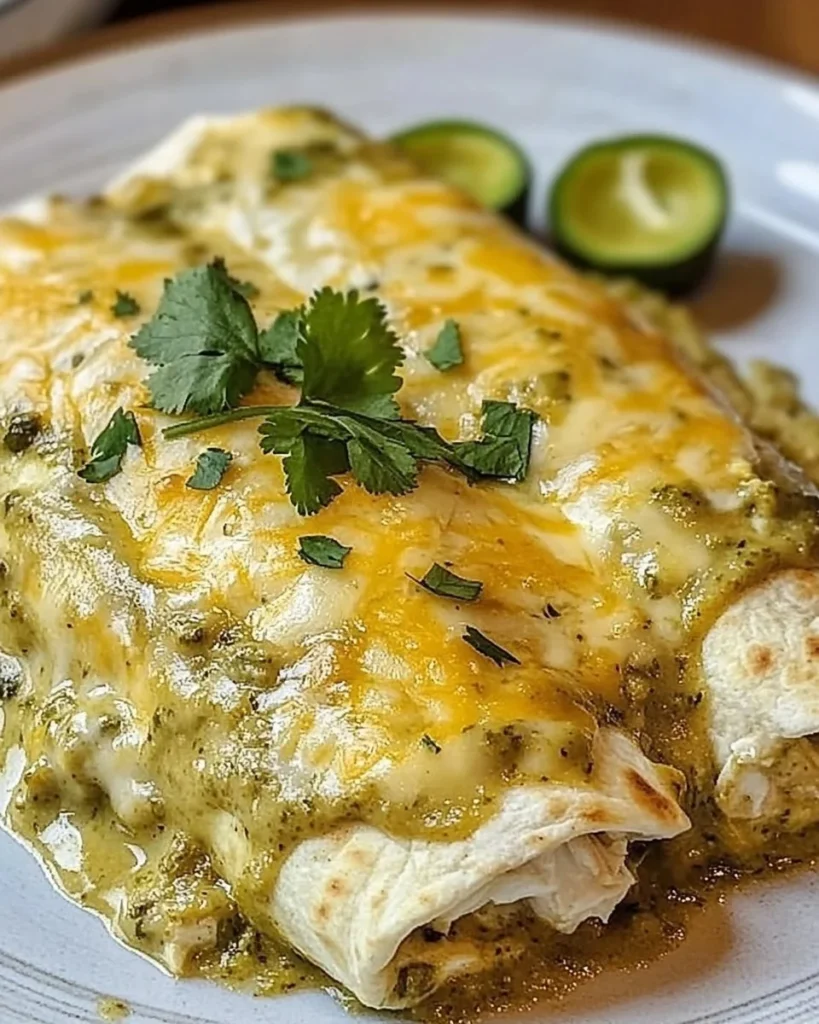 Delicious creamy green chile enchiladas served on a plate with toppings.