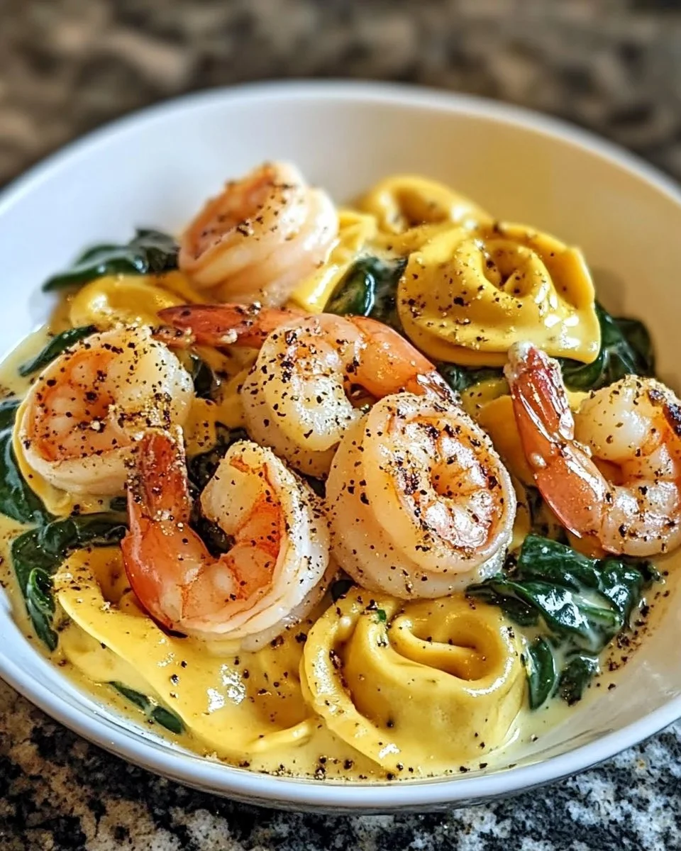 Creamy spinach tortellini with shrimp served in a bowl