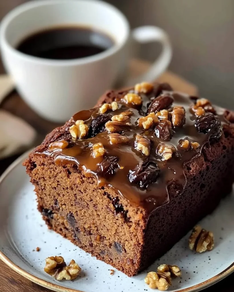 Slice of Date Coffee Loaf with Walnuts on a plate