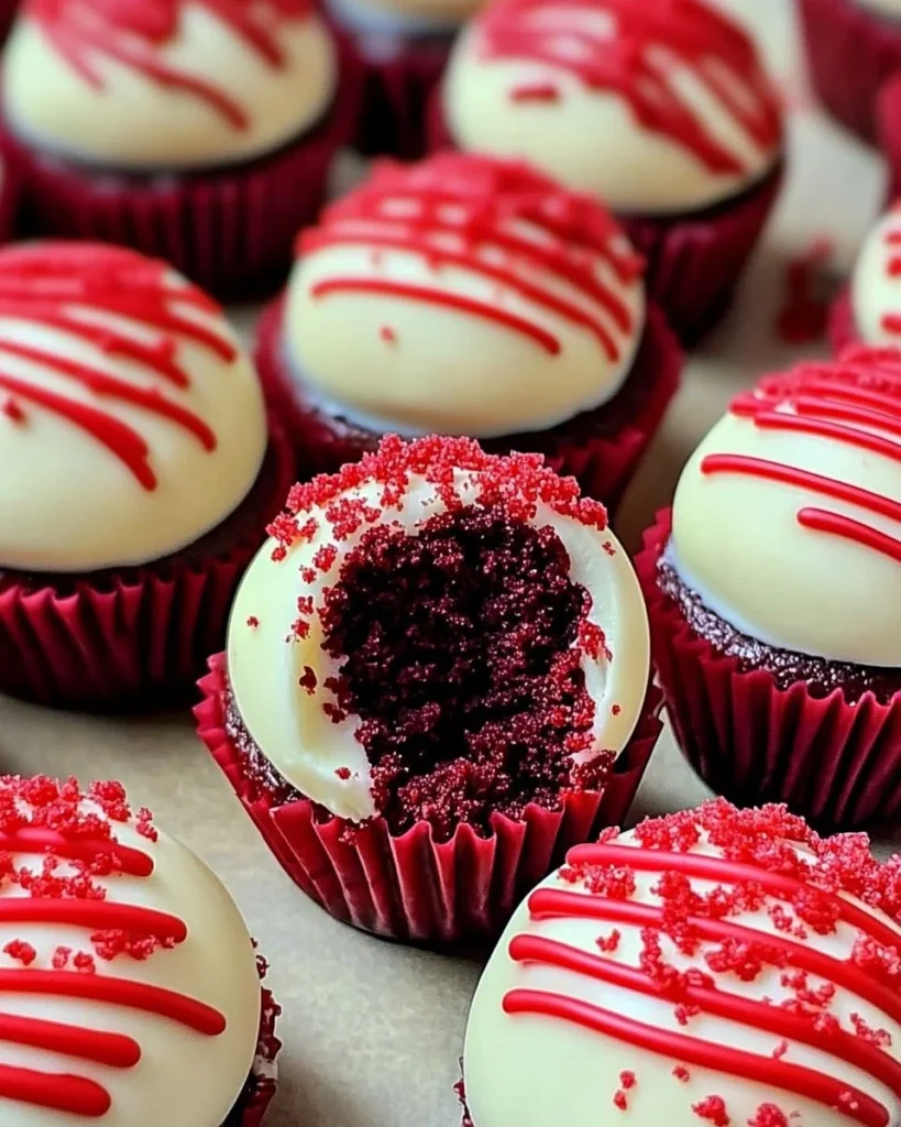 Decadent red velvet cheesecake bites on a white plate