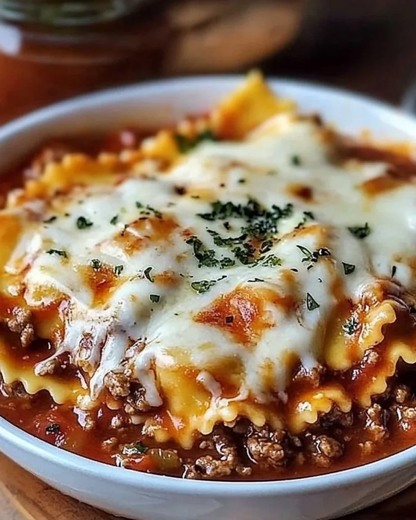 Delicious Easy Crockpot Ravioli Lasagna served in a bowl garnished with herbs.