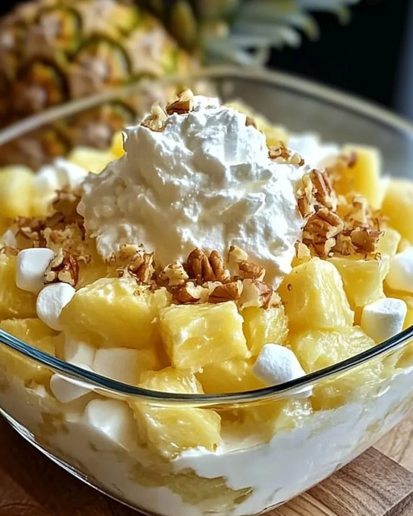 No-bake pineapple dessert with layered pineapple and cream topping