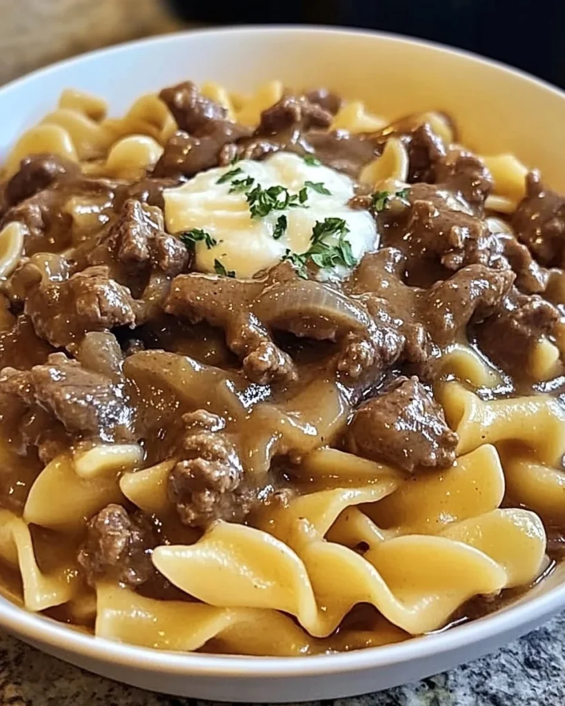Delicious French onion beef and noodles served in a bowl.