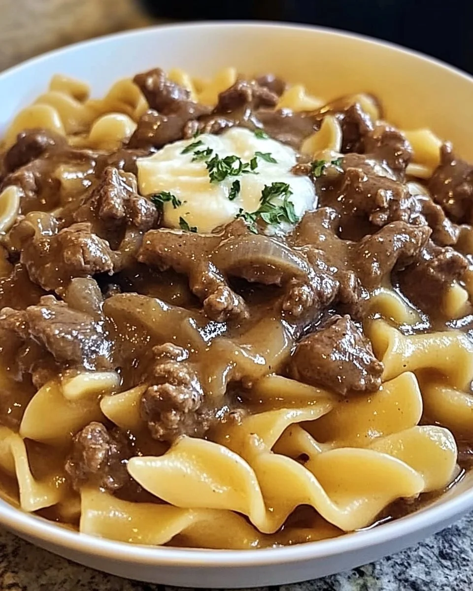 Delicious French onion beef and noodles served in a bowl.