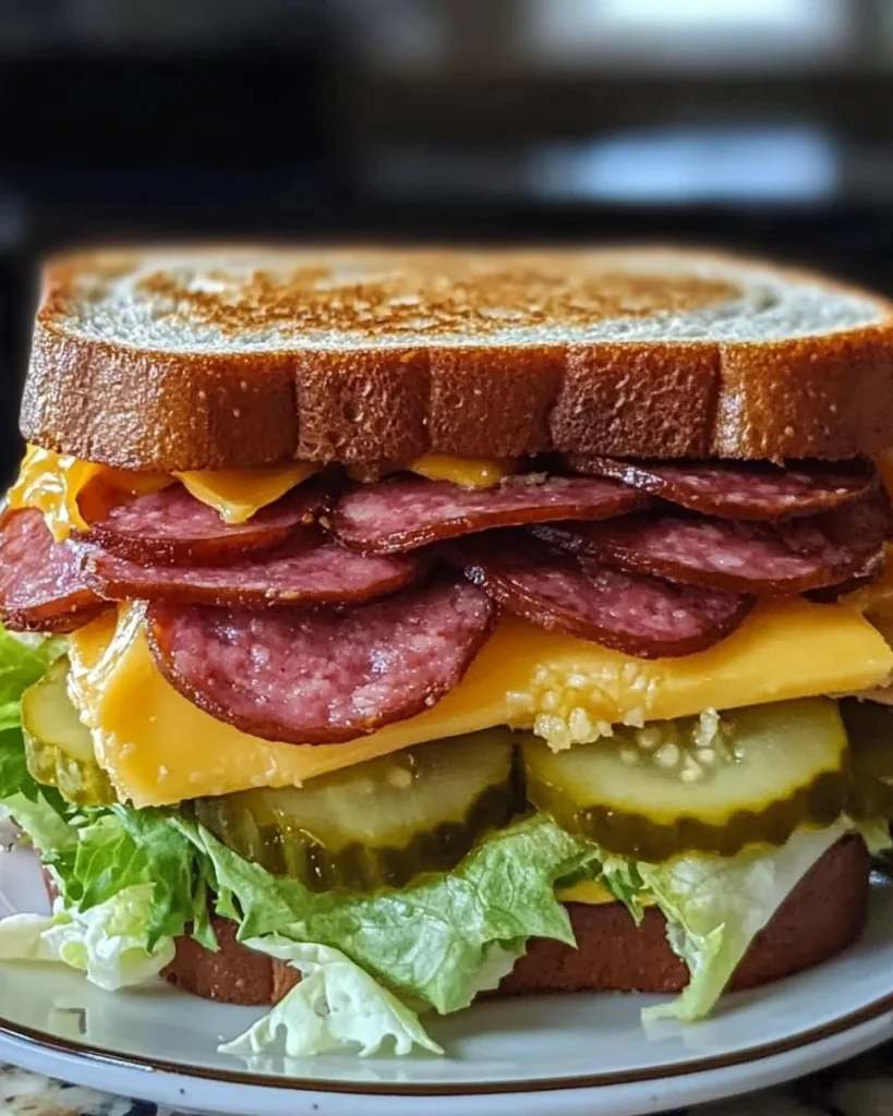 A mouth-watering Fried Bologna Sandwich served with mustard and pickles.