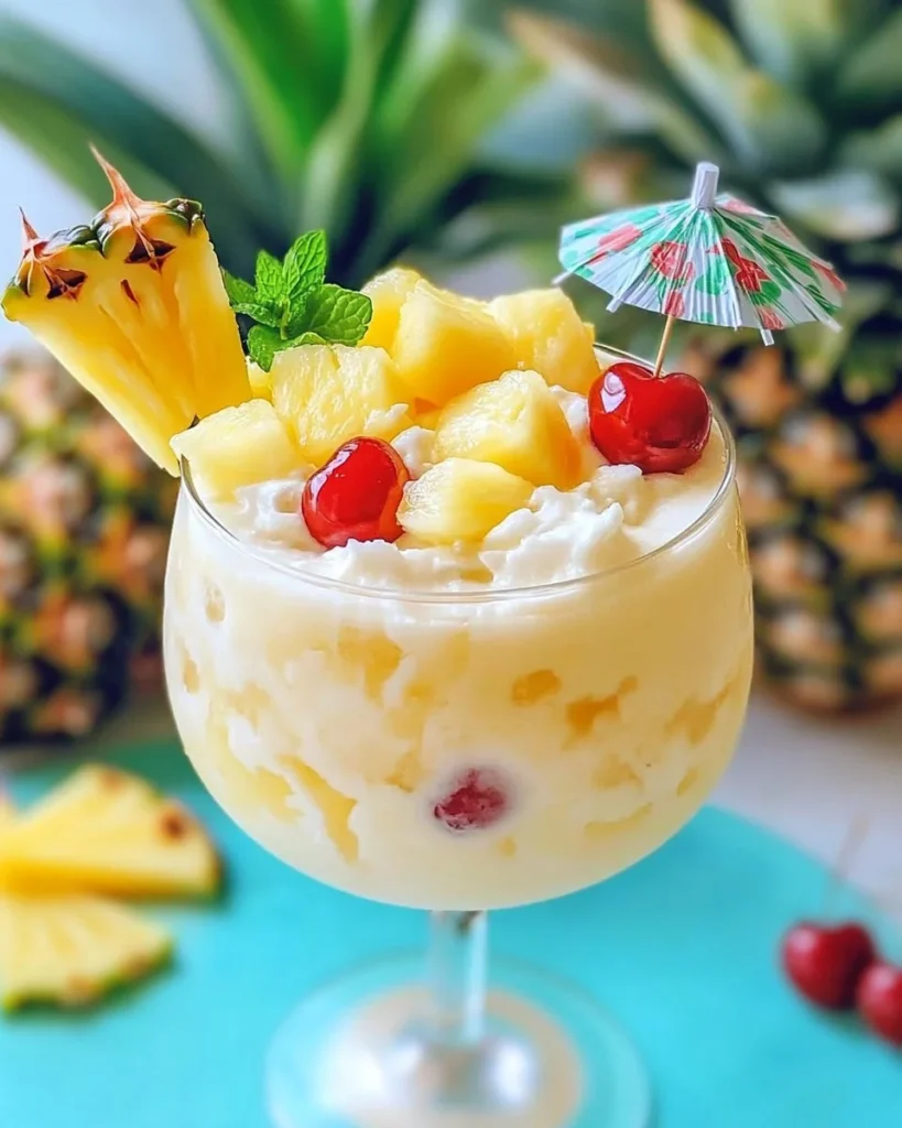 Frozen piña colada bowl topped with fresh fruits and coconut flakes.