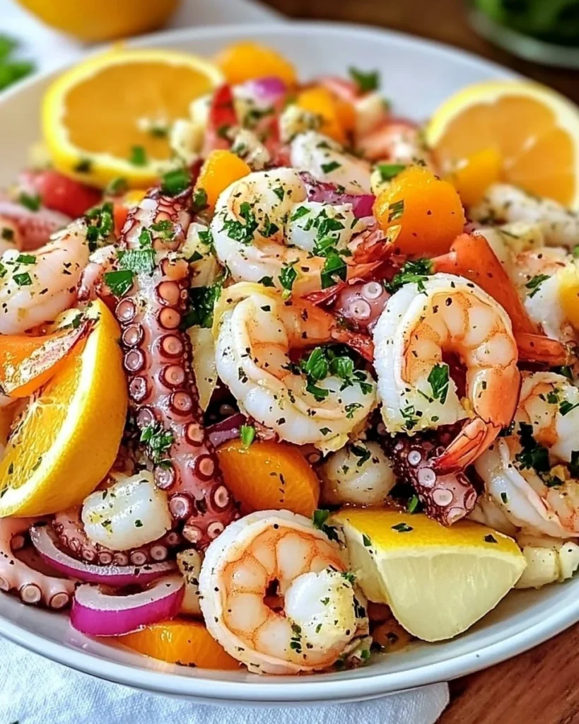 Italian seafood salad with shrimp, calamari, and fresh vegetables