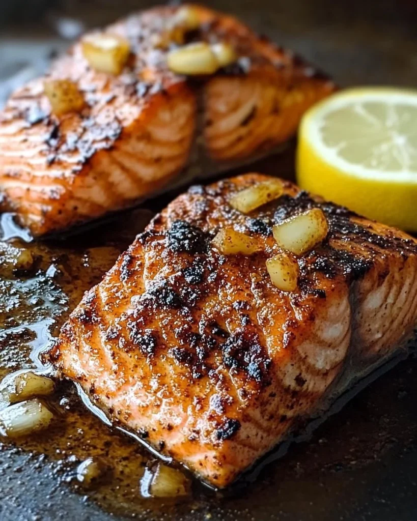 Delicious jerk lemon pepper salmon served with fresh herbs and lemon wedges.