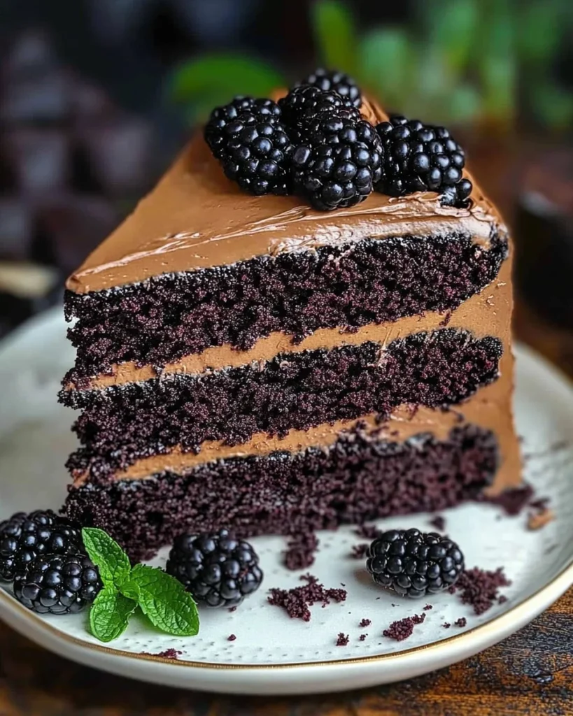 Luxurious Black Velvet Cake topped with rich chocolate frosting and decorative accents