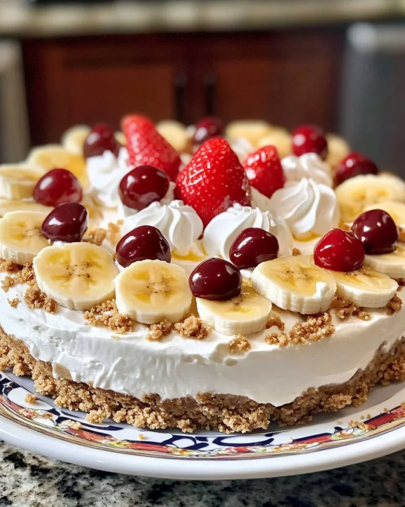 No-bake banana split cheesecake with layers of banana and whipped cream