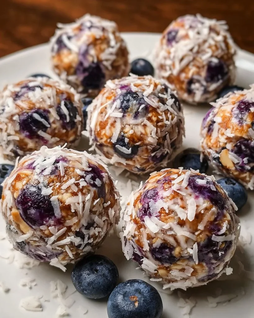 No-bake blueberry cheesecake energy bites with fresh blueberries and cream cheese