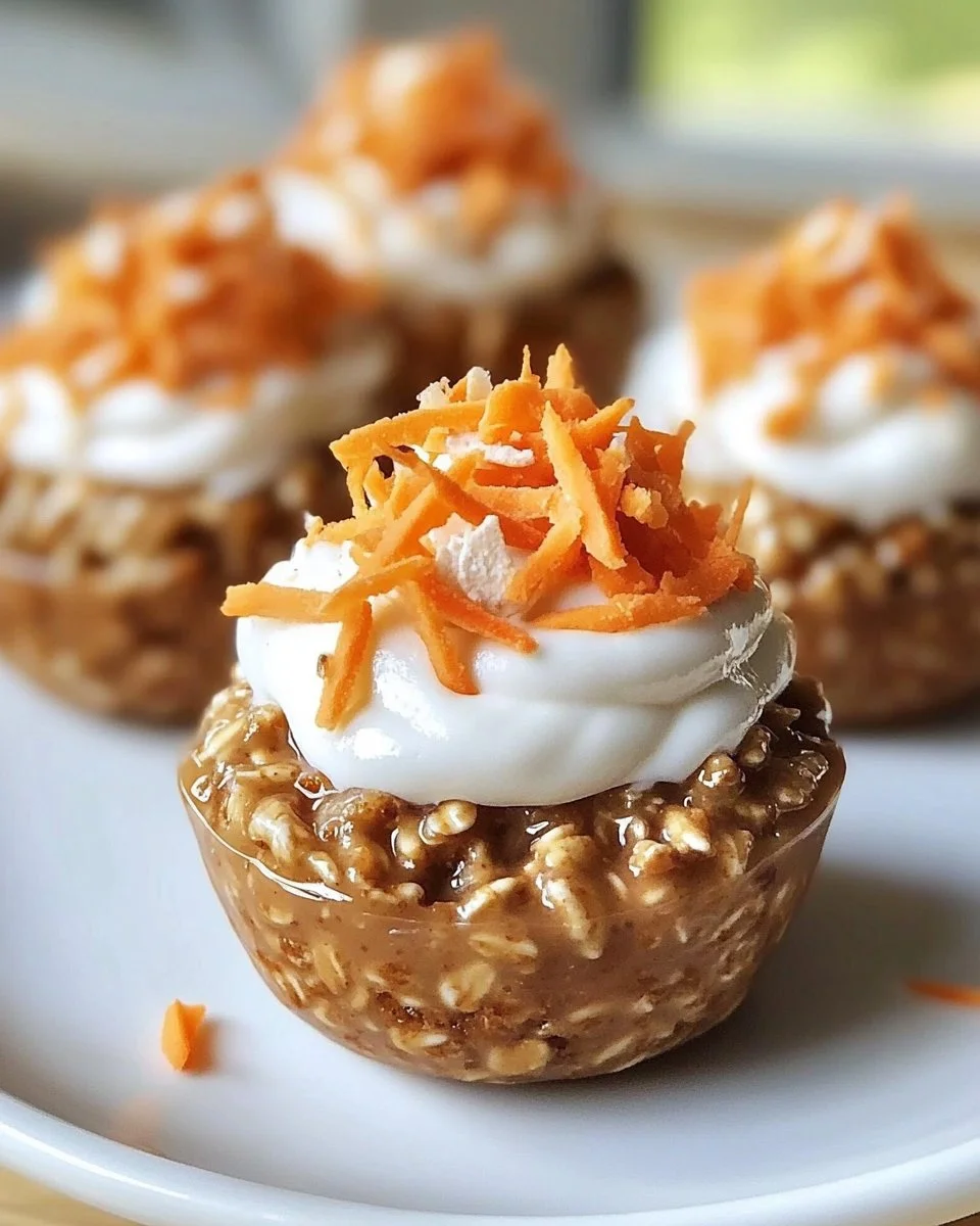 No-Bake Carrot Cake Oatmeal Cups topped with cream and walnuts on a wooden table.