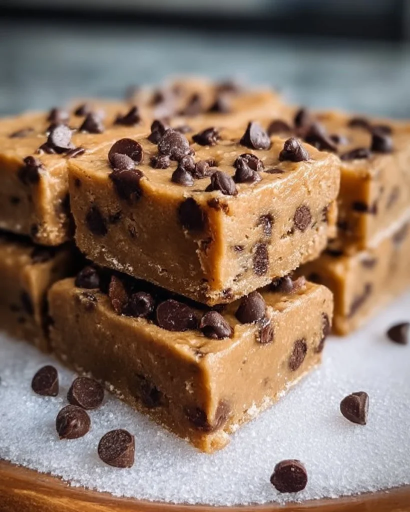 Delicious no-bake chocolate chip cookie dough bars on a plate