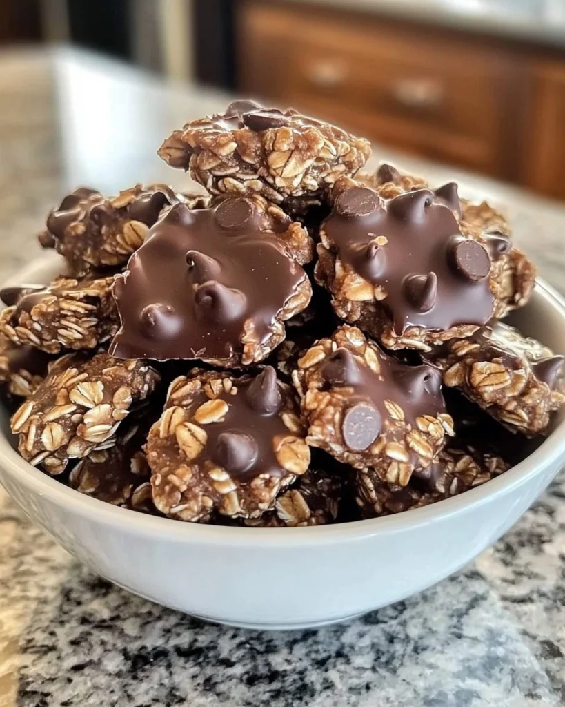 No-bake chocolate coconut clusters with oats on a rustic wooden table