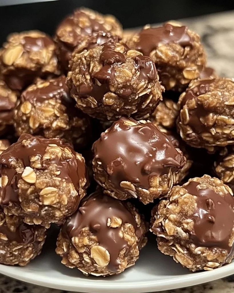 No-bake chocolate coconut oatmeal clusters on a plate