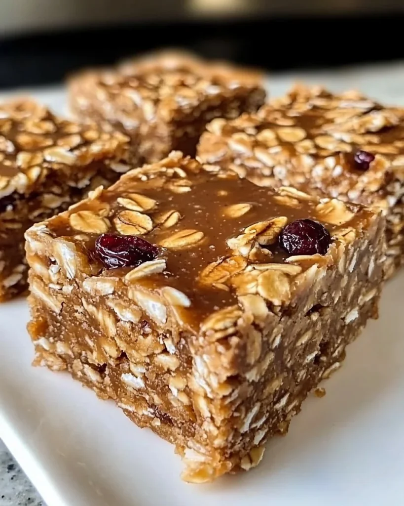 No-bake honey almond breakfast bars on a wooden table.