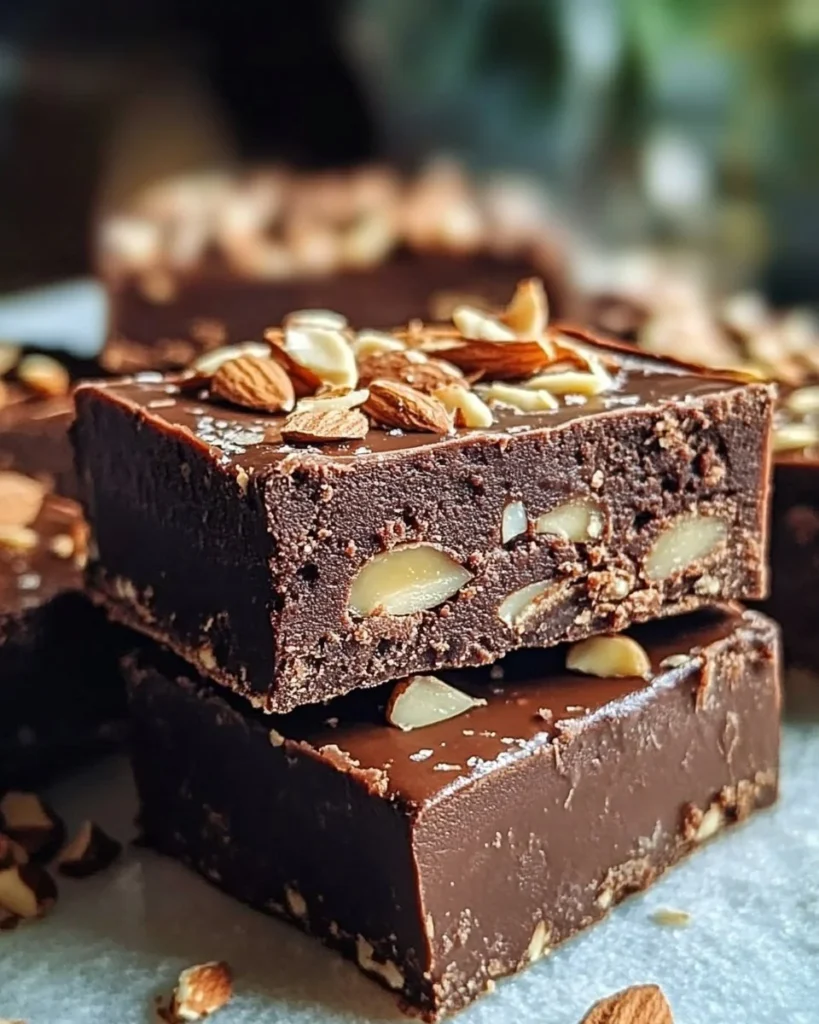 No-Bake Mocha Almond Fudge Squares topped with almonds and chocolate
