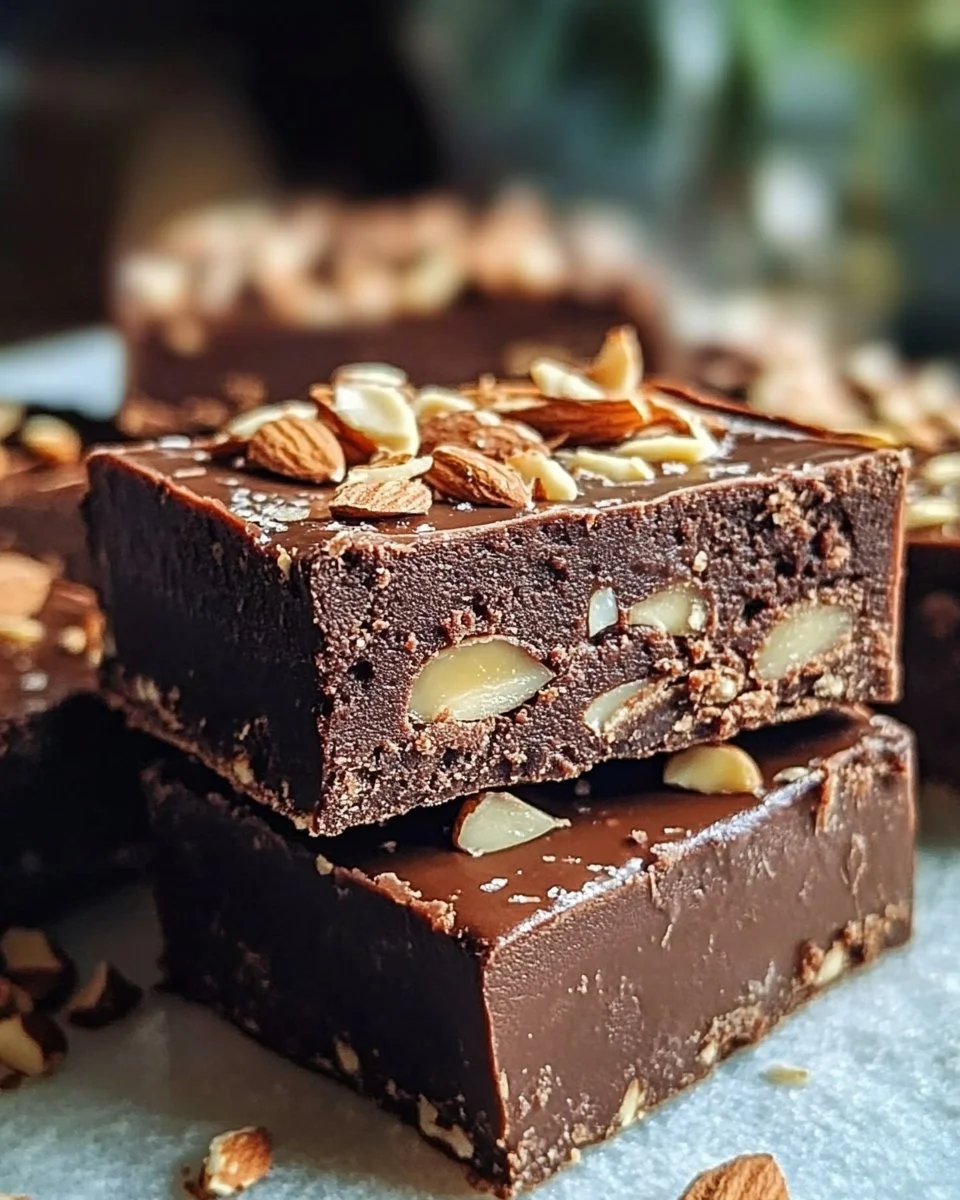 No-Bake Mocha Almond Fudge Squares topped with almonds and chocolate
