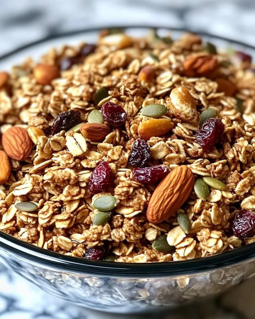 No-bake pumpkin spice granola clusters in a bowl with autumn leaves