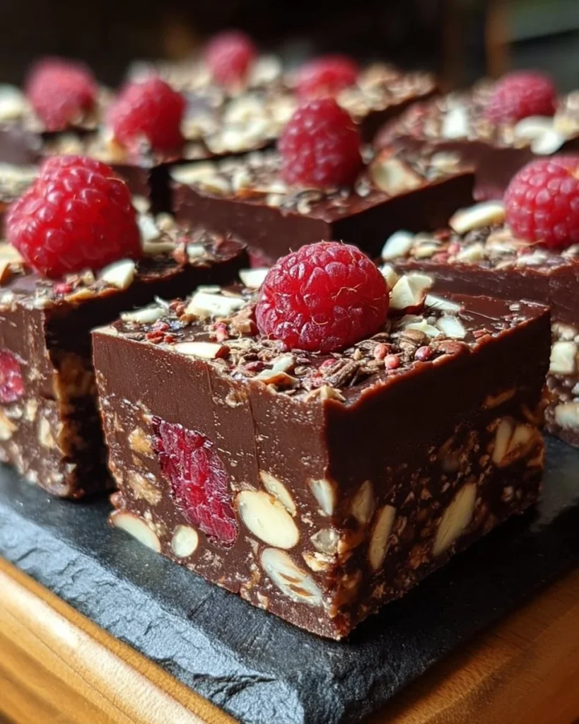 No-bake raspberry almond fudge squares on a white plate with fresh raspberries