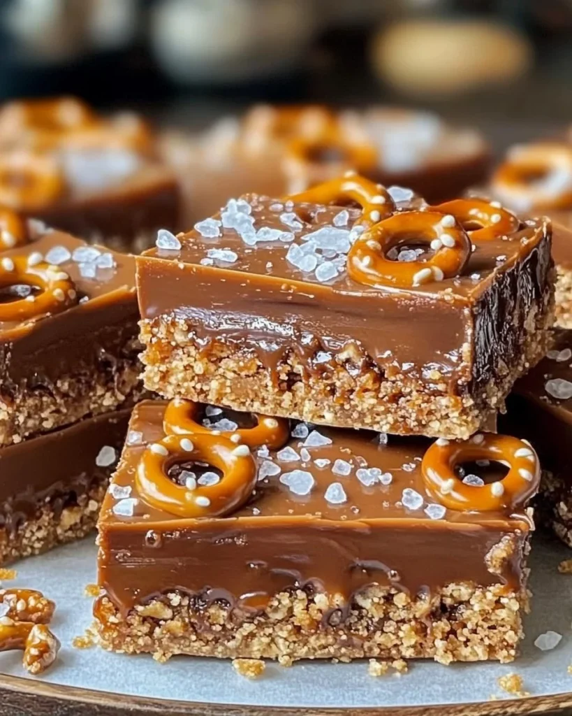 No-Bake Salted Caramel Pretzel Bars with a sweet and salty topping