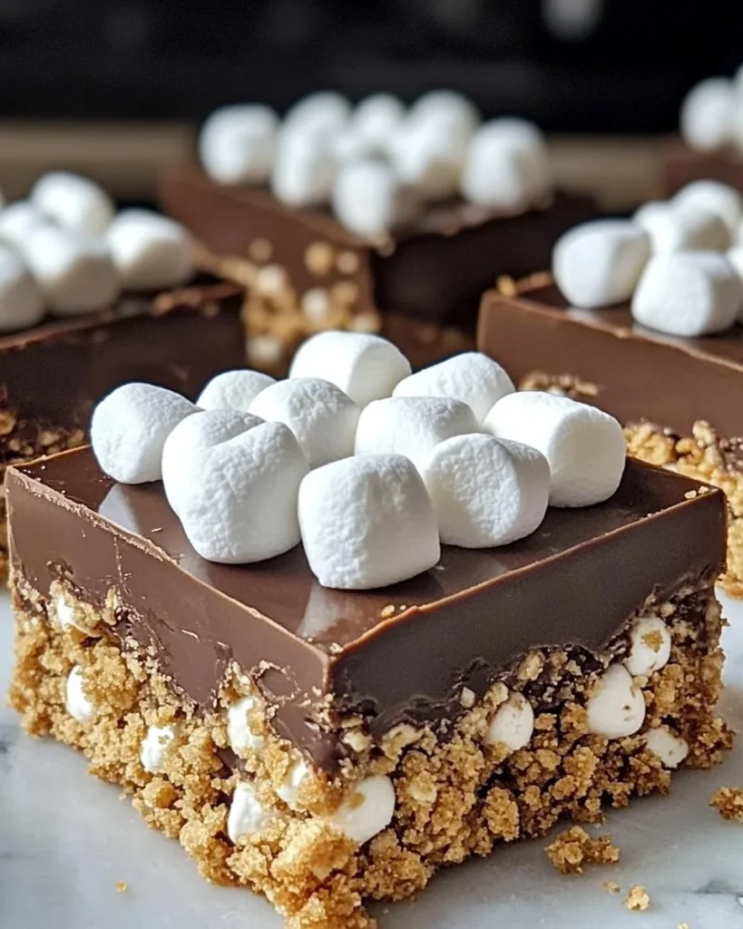 Delicious no-bake s'mores fudge squares topped with graham crackers and marshmallows.