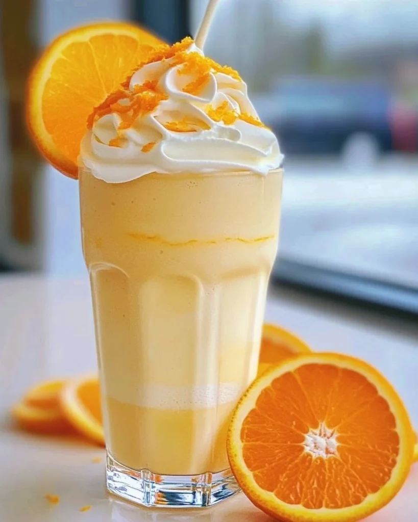 Delicious orange creamsicle milkshake topped with whipped cream and orange slices