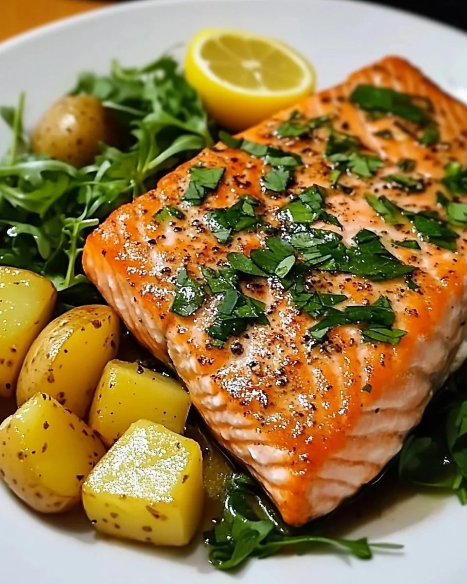 Pan-seared salmon served with herb potatoes on a white plate