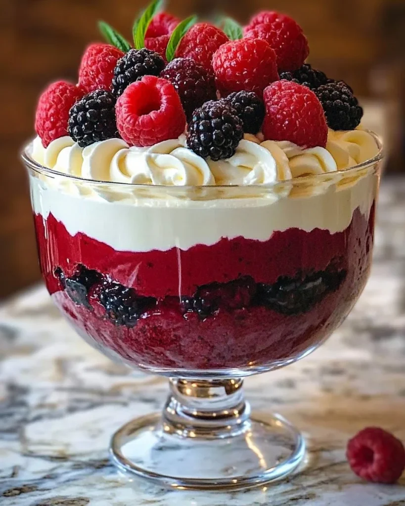 Red Velvet Berry Cheesecake Trifle with layers of creamy cheesecake and berries