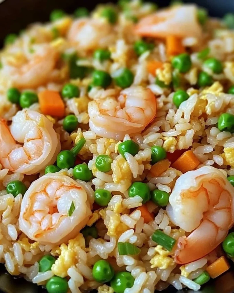 A plate of shrimp fried rice garnished with vegetables and herbs.