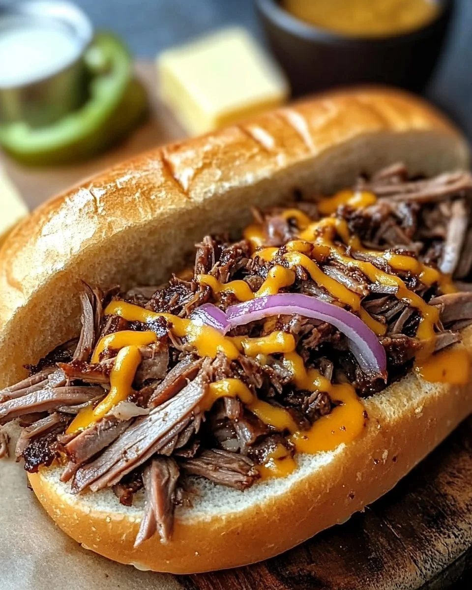 Delicious smoked brisket cheesesteak sub served on a fresh hoagie roll