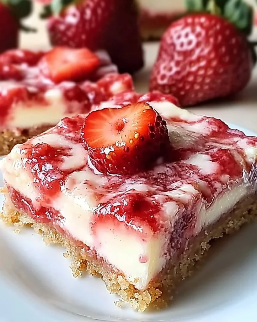 Delicious Strawberry Cream Cheese Bars with fresh strawberries and cream cheese topping