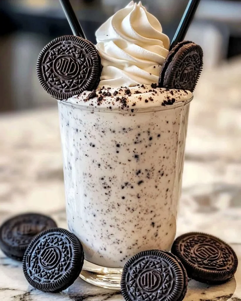 Delicious summer Oreo milkshake topped with whipped cream and Oreo crumbles