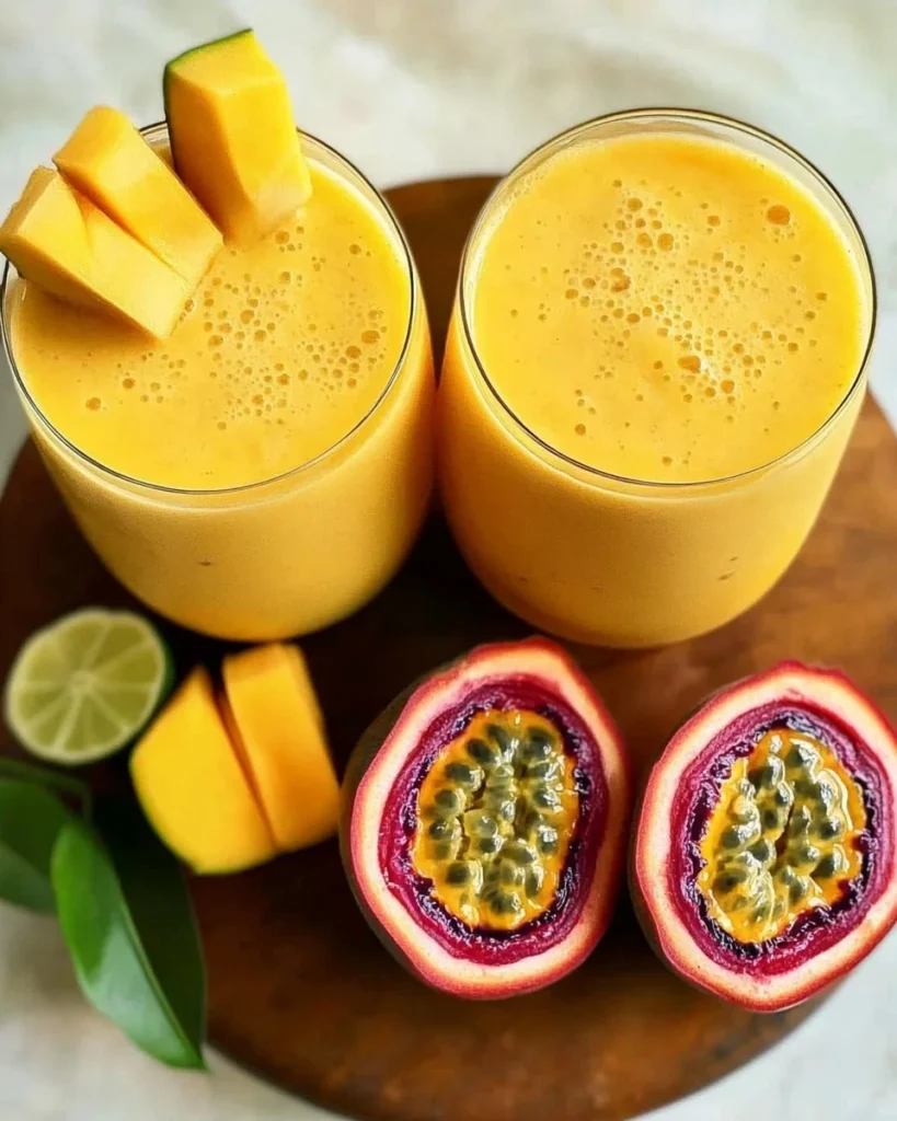 Deliciously refreshing summer mango passionfruit smoothie in a glass.