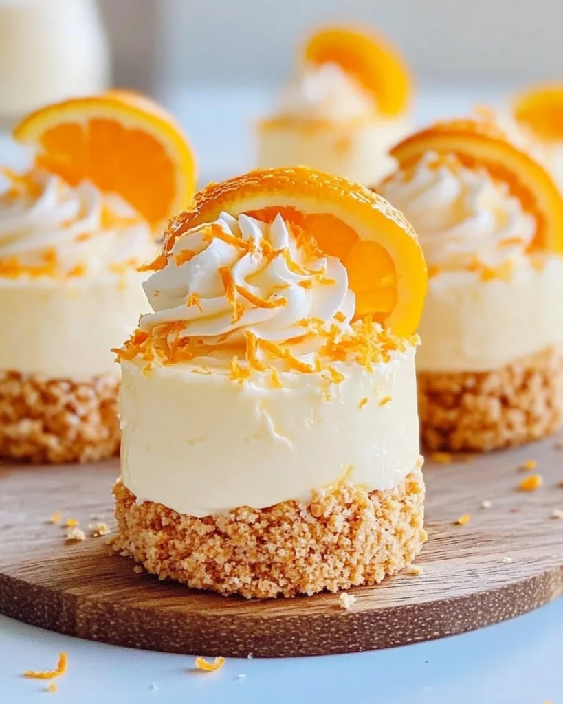 Summer orange creamsicle mini cheesecakes served on a platter