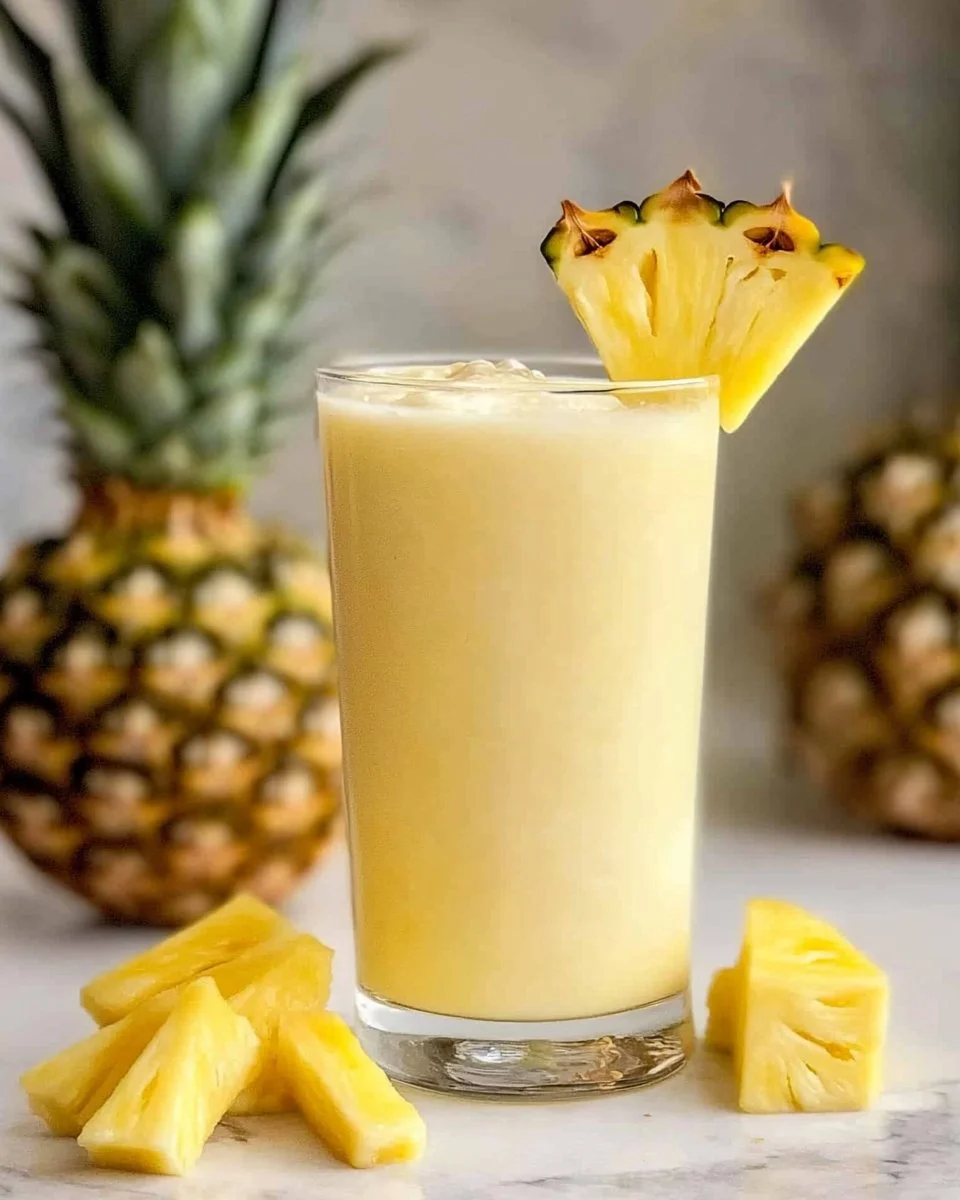 Refreshing summer pineapple banana smoothie in a glass garnished with a slice of pineapple.