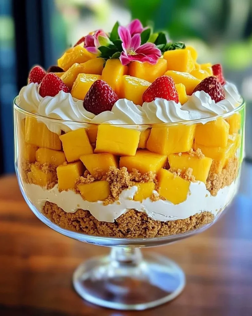 Mango strawberry cheesecake trifle layered in a glass with fresh fruits and creamy cheesecake