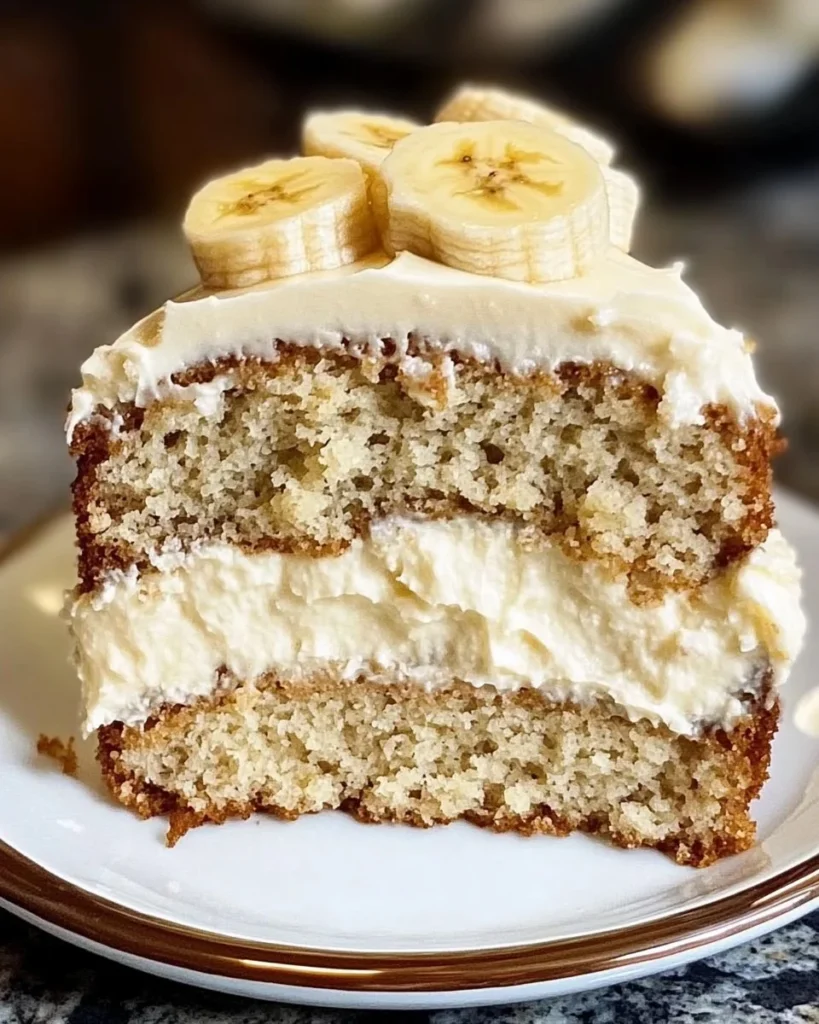 Cream Cheese Frosted Banana Cake with slices and decorations