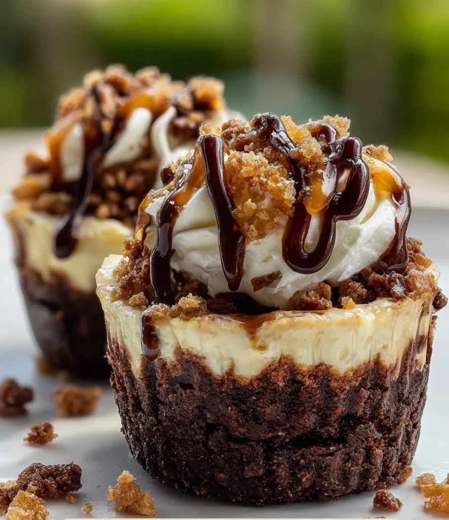 Delicious loaded brownie cheesecake cup topped with chocolate and cream.