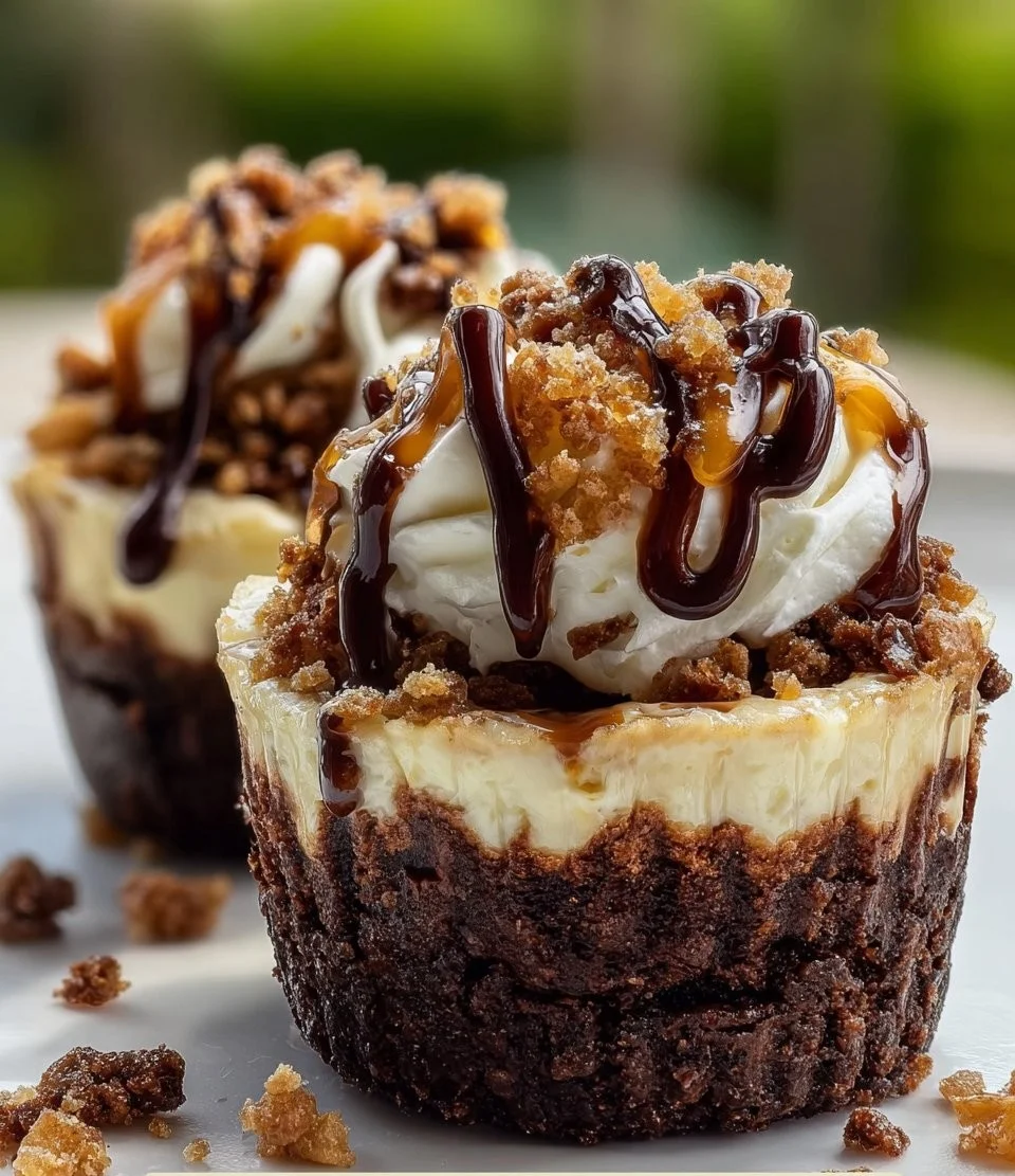 Delicious loaded brownie cheesecake cup topped with chocolate and cream.