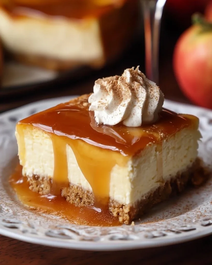 Slice of delicious Apple Cider Cheesecake topped with cinnamon and apples