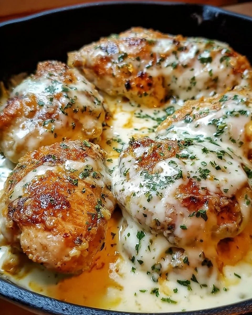 Baked cream cheese chicken dish garnished with herbs and served on a plate.